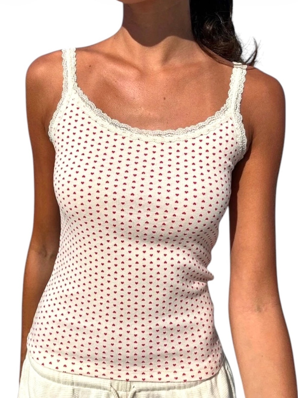 Brandy Melville Sleeveless Cream Cami Tank Top Red Hearts One Size